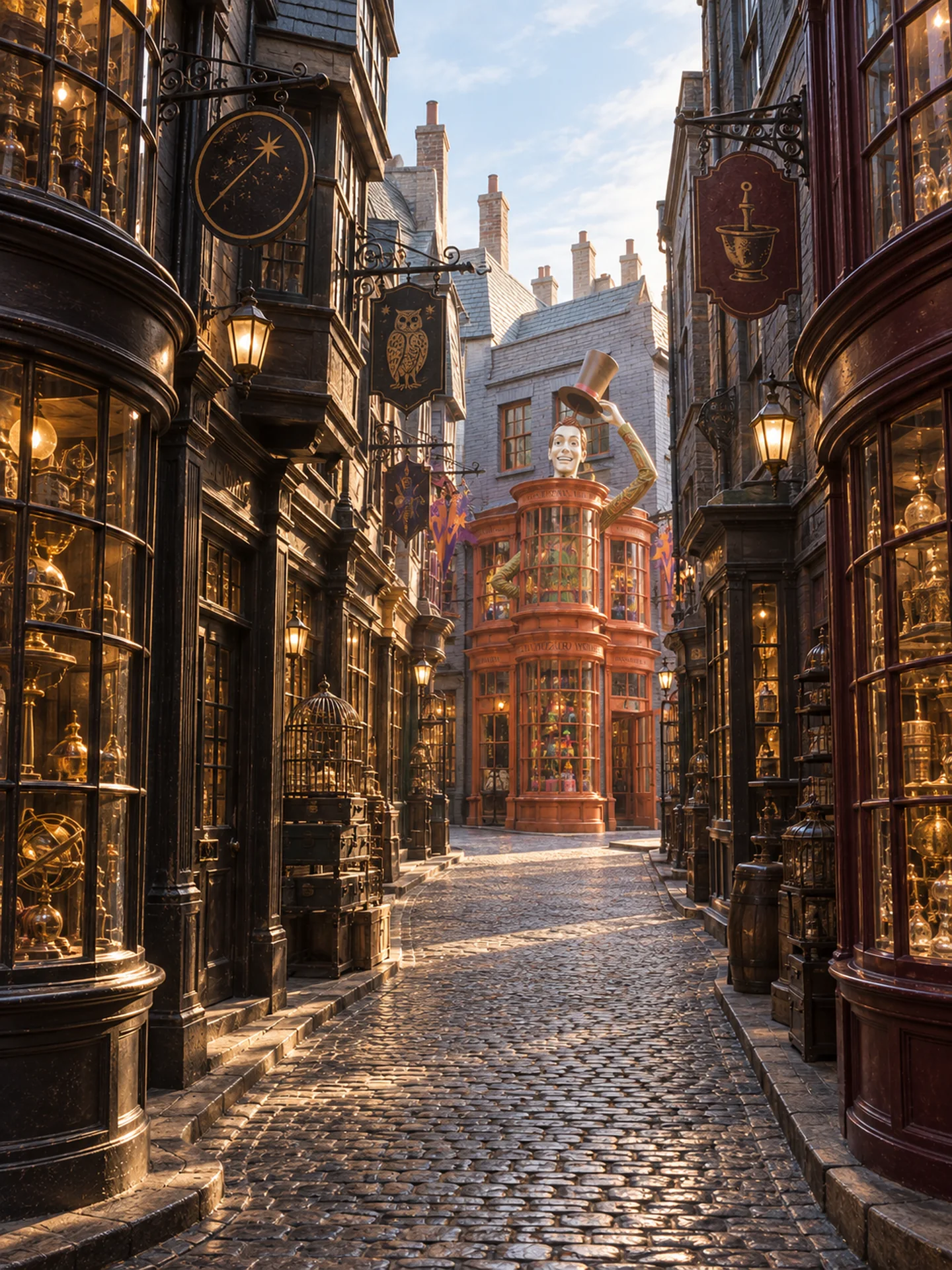 A lantern-lit Diagon Alley, with an orange joke shop at the end of the street