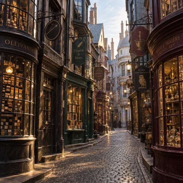 The cobbled streets and warmly lit shops of Diagon Alley