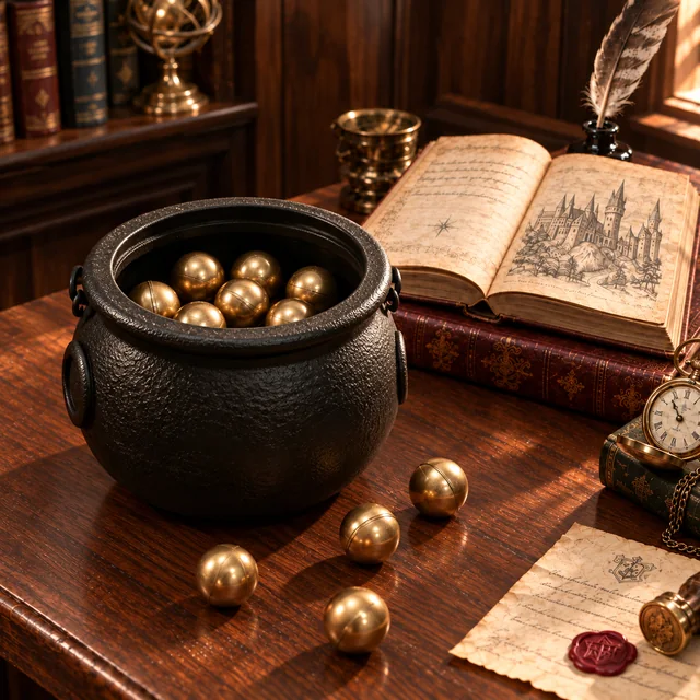 Golden mystery balls in a black cauldron in a vintage study