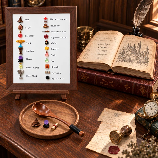 A wooden magic scoop, round tray and collectible charms in a vintage study